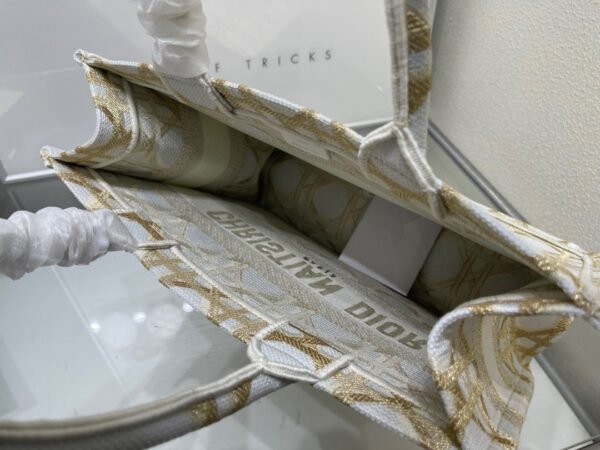 Dior Small Book Tote Bag in White and Gold Macrocannage Embroidery #00016 - Image 4