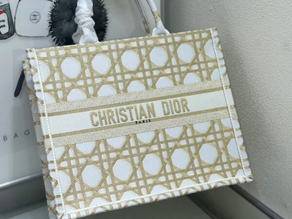 Dior Small Book Tote Bag in White and Gold Macrocannage Embroidery #00016 - Image 13