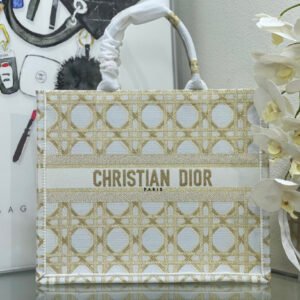 Dior Small Book Tote Bag in White and Gold Macrocannage Embroidery #00016
