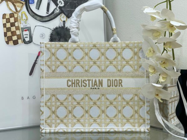 Dior Small Book Tote Bag in White and Gold Macrocannage Embroidery #00016