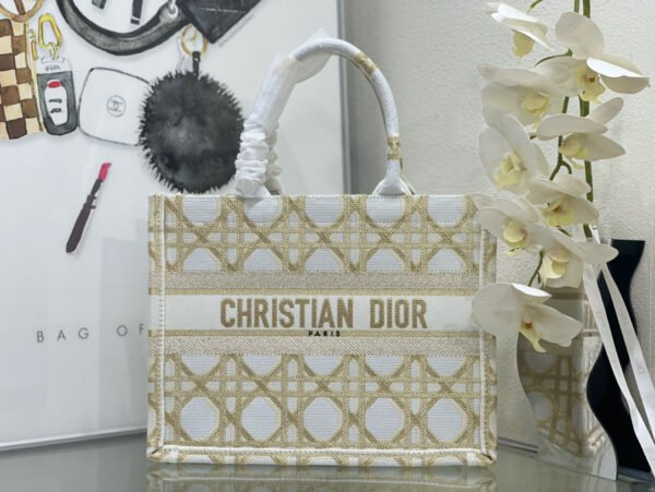 Dior Small Book Tote Bag in White and Gold Macrocannage Embroidery #00016 - Image 12