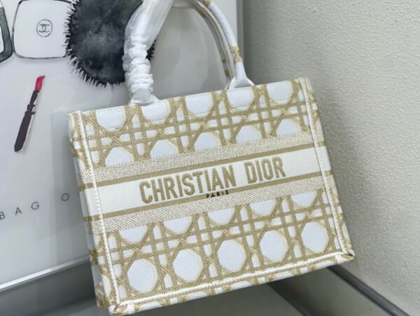 Dior Small Book Tote Bag in White and Gold Macrocannage Embroidery #00016 - Image 5