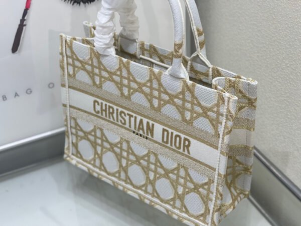 Dior Small Book Tote Bag in White and Gold Macrocannage Embroidery #00016 - Image 9