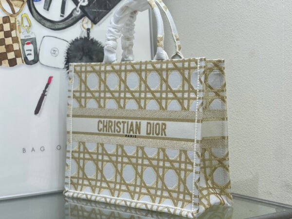 Dior Small Book Tote Bag in White and Gold Macrocannage Embroidery #00016 - Image 16