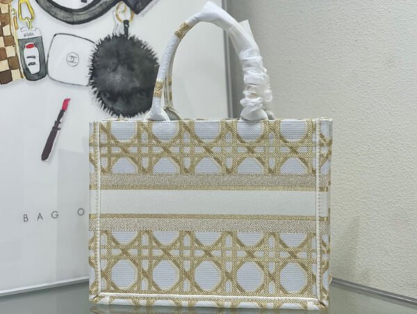 Dior Small Book Tote Bag in White and Gold Macrocannage Embroidery #00016 - Image 8