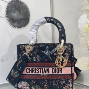 DIOR Medium D-Lite Bag Blue Toile De Jouy Reverse Embroidery Women #126
