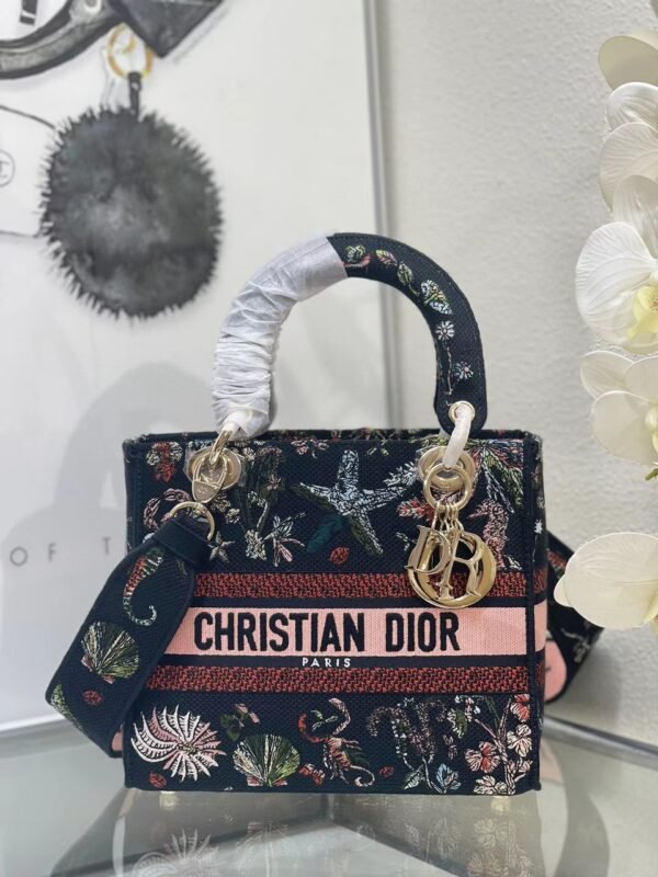 DIOR Medium D-Lite Bag Blue Toile De Jouy Reverse Embroidery Women #126