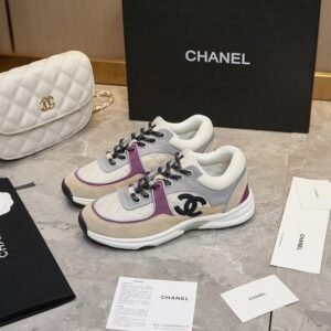 Chanel Beige Purple Black White Tie Sneaker