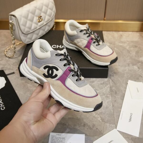 Chanel Beige Purple Black White Tie Sneaker - Image 3