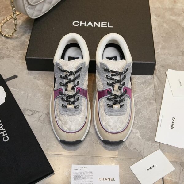 Chanel Beige Purple Black White Tie Sneaker - Image 6